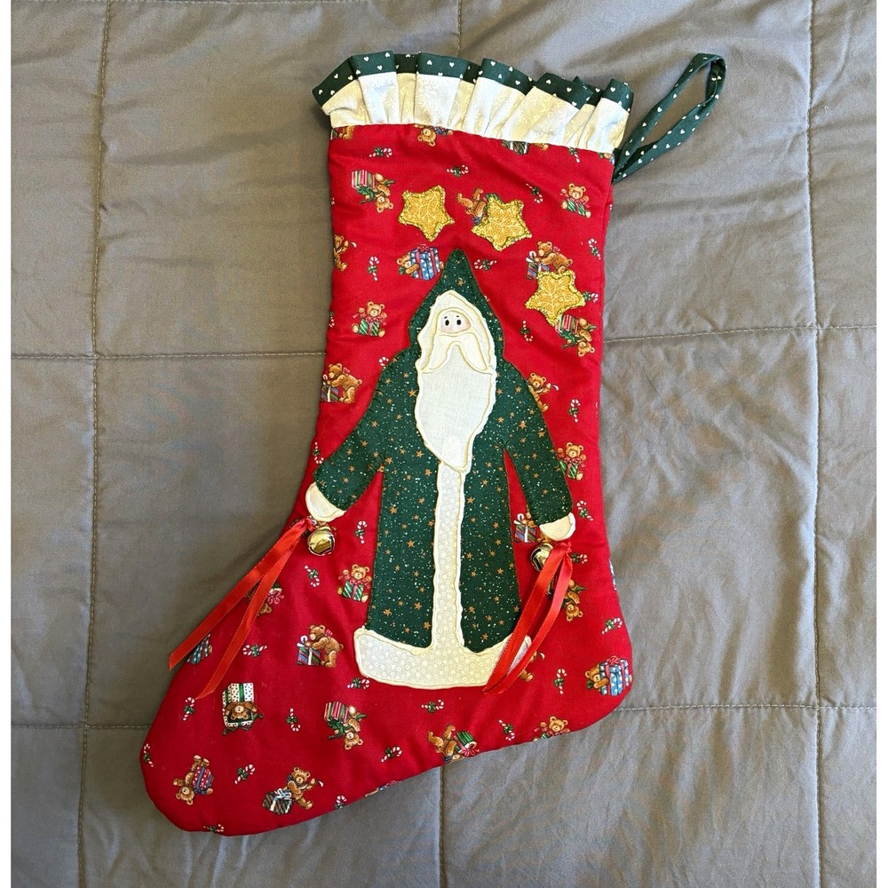 Santa Claus Quilted Stocking Handmade VTG Cottage Country Grandmacore Bells Bear